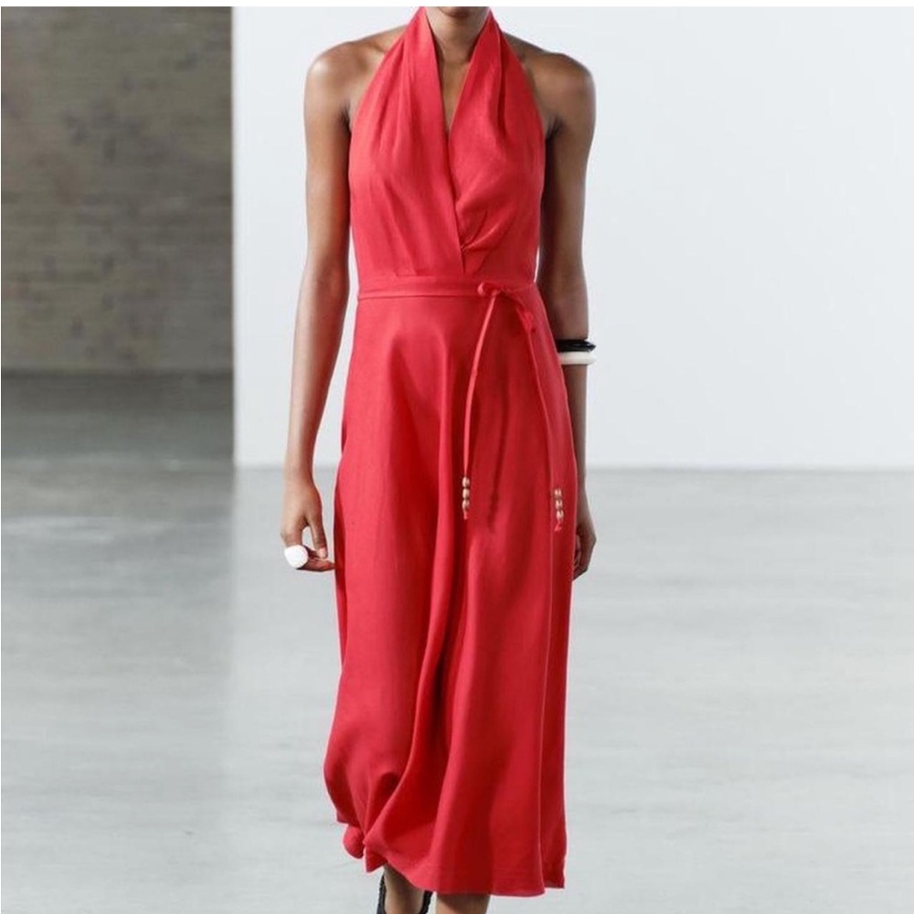 Zara red linen midi dress EUC